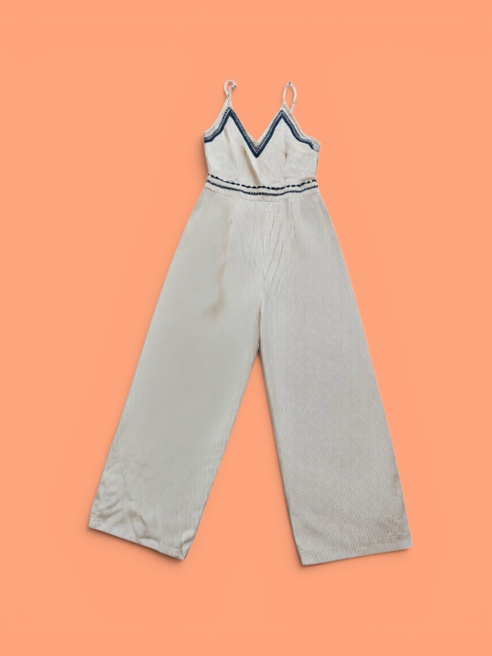 Striped Cream Wide-Leg Jumpsuit with Navy Trim
